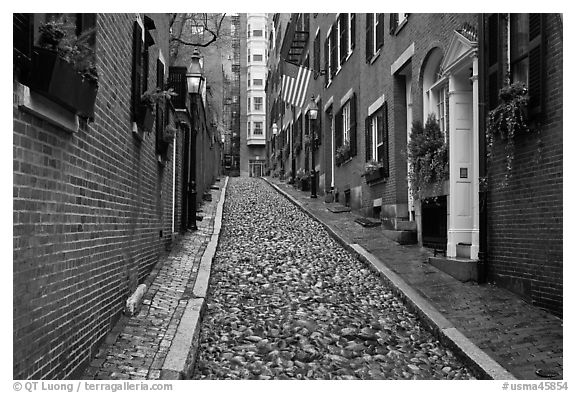 Cobblestone alley on rainy day, Beacon Hill. Boston, Massachussets, USA