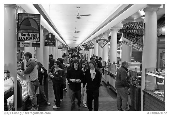 Food hall, Quincy Market Colonnade. Boston, Massachussets, USA (black and white)