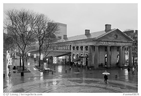 Faneuil Hall Marketplace on rainy day. Boston, Massachussets, USA