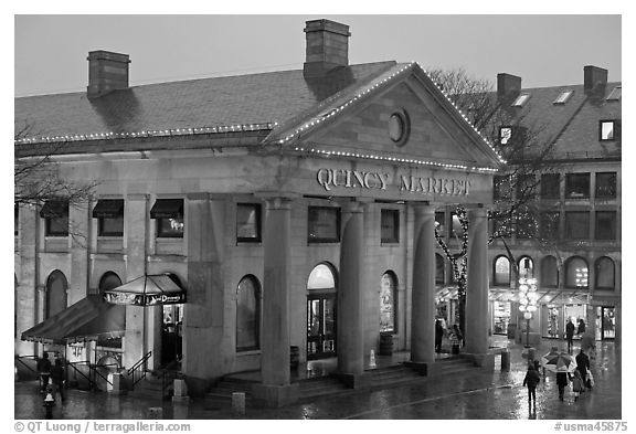 Quincy Market entrance at dusk. Boston, Massachussets, USA (black and white)