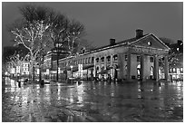 Lights and reflections at night, Quincy Market. Boston, Massachussets, USA (black and white)