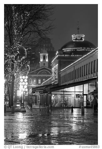 Quincy Market and Faneuil Hall at night. Boston, Massachussets, USA (black and white)