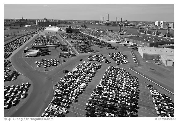 Cars lined up in shipping harbor. Boston, Massachussets, USA (black and white)