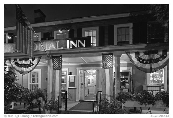 Colonial Inn restaurant at night, Concord. Massachussets, USA (black and white)