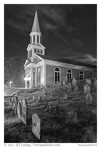 Cemetery and church at night, Concord. Massachussets, USA