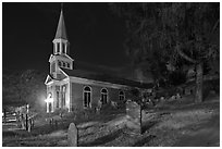 Holly Family church and graveyard at night, Concord. Massachussets, USA (black and white)