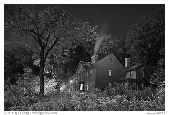 Orchard House at night with smoking chimney, Concord. Massachussets, USA