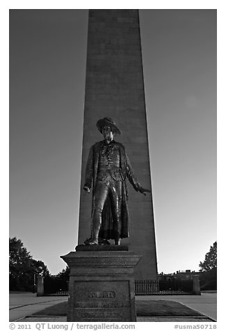 Statue of Col. William Prescott and Bunker Hill Monument, Charlestown. Boston, Massachussets, USA (black and white)