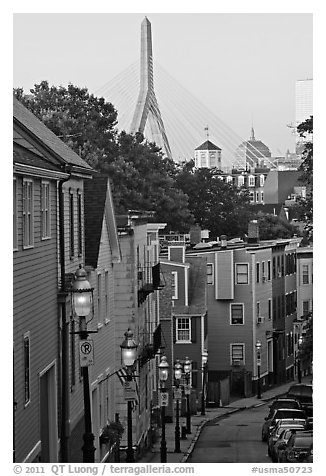 Steep stret on Breeds Hill, with bridge in background, Charlestown. Boston, Massachussets, USA (black and white)