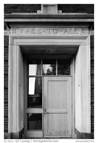 Bunker Hill library door, lintel inscribed free to all, Charlestown. Boston, Massachussets, USA