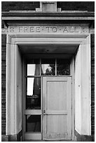 Bunker Hill library door, lintel inscribed free to all, Charlestown. Boston, Massachussets, USA (black and white)