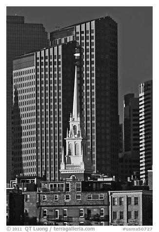 Old North Church and high-rise buildings. Boston, Massachussets, USA (black and white)