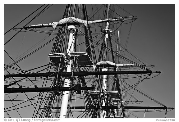 Masts of frigate USS Constitution. Boston, Massachussets, USA (black and white)