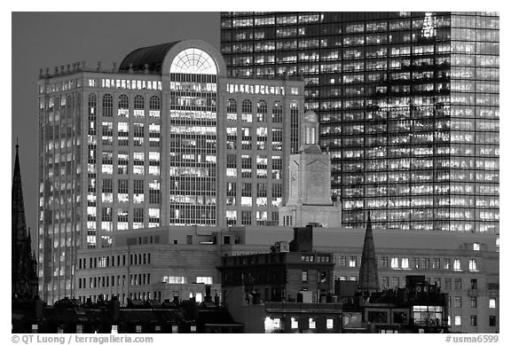 Old churches and modern glass buildings at dusk. Boston, Massachussets, USA (black and white)
