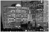 Old churches and modern glass buildings at dusk. Boston, Massachussets, USA ( black and white)