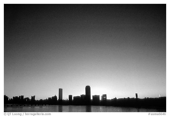 Downtown seen across the Charles River, winter sunrise. Boston, Massachussetts, USA (black and white)