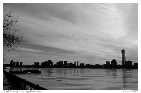 Downtown seen across the frozen Charles River. Boston, Massachussetts, USA (black and white)