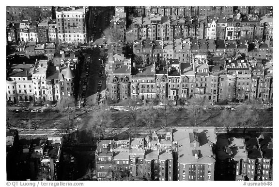 Brick houses seen from the Prudential Tower. Boston, Massachussetts, USA (black and white)