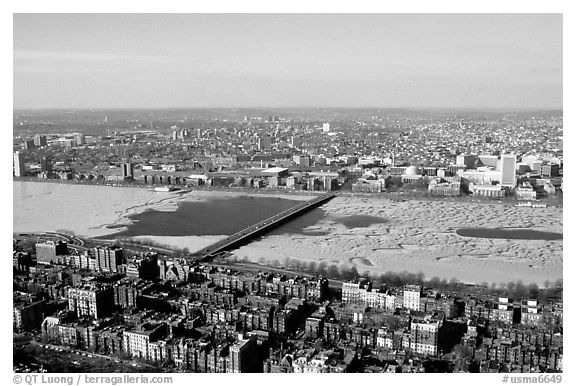Frozen Charles River seen from the Prudential Tower. Boston, Massachussets, USA (black and white)