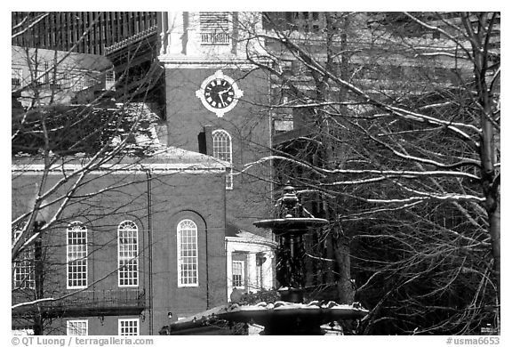 Historic church and snow covered branches. Boston, Massachussets, USA (black and white)