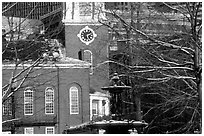 Historic church and snow covered branches. Boston, Massachussets, USA (black and white)