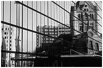 Historic church reflected in a modern glass building. Boston, Massachussets, USA (black and white)