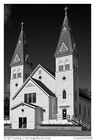 White church with double bell towers, Greenville. Maine, USA (black and white)