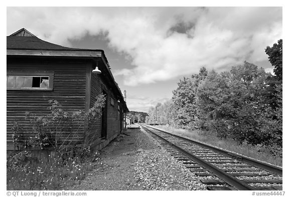 Railroad track and abandonned station, Greenville Junction. Maine, USA (black and white)