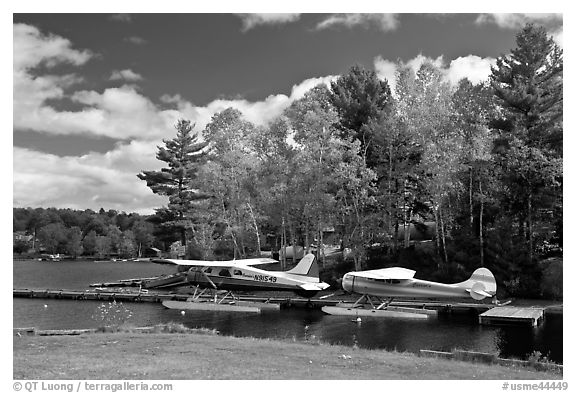 Floatplanes and fall foliage on Moosehead Lake, Greenville. Maine, USA (black and white)