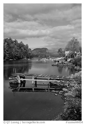 Deck, Moose River, Rockwood. Maine, USA (black and white)