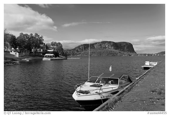Moosehead Lake marina and  Mount Kineo. Maine, USA (black and white)