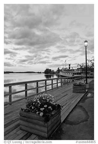 Deck, lamp, and Katahdin steamer at sunset, Greenville. Maine, USA