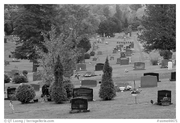 Grassy cemetery in the fall, Greenville. Maine, USA (black and white)