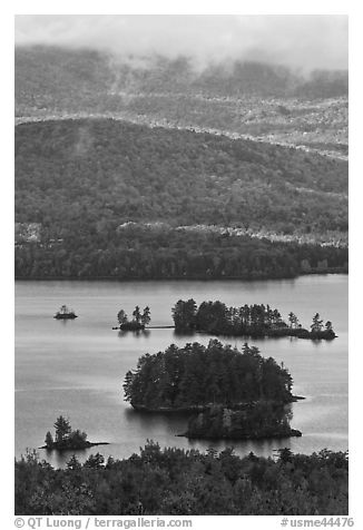 Islets and mountain slopes with fall foliage. Maine, USA