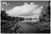 Stream, trees in fall color, Beaver Cove. Maine, USA ( black and white)