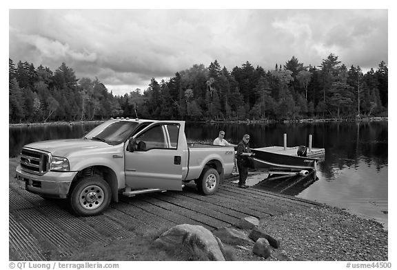 Boat loaded at ramp, Lily Bay State Park. Maine, USA