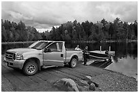 Boat loaded at ramp, Lily Bay State Park. Maine, USA (black and white)