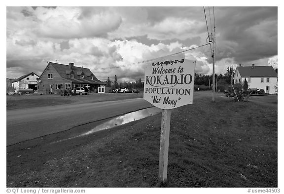 Welcome to Kokadjo sign. Maine, USA (black and white)