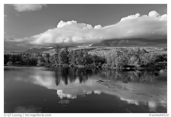 Mountain range and trees reflected in Penobscot River. Baxter State Park, Maine, USA (black and white)