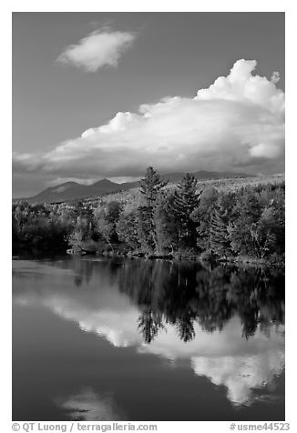 Cloud-capped Katahdin range and water reflections in autumn. Baxter State Park, Maine, USA (black and white)