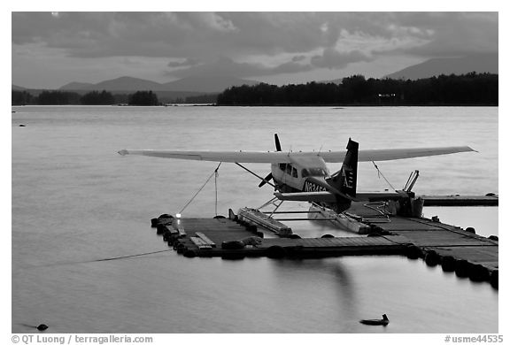 Floatplane at dusk, Ambajejus Lake. Maine, USA (black and white)