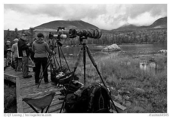 Cameras set up with telephoto lenses, Sandy Stream Pond. Baxter State Park, Maine, USA