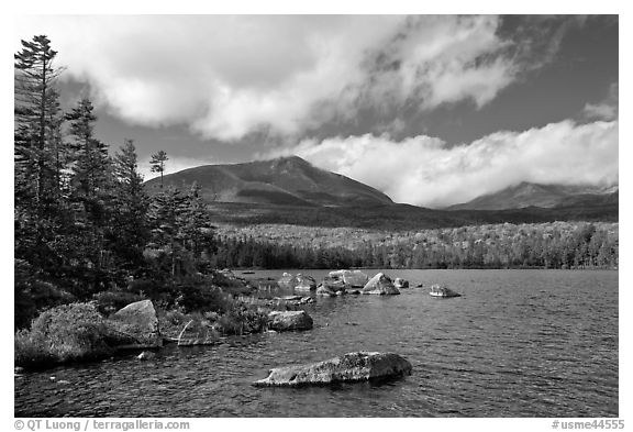 Cloud-capped Katahdin range and forest from Sandy Stream Pond. Baxter State Park, Maine, USA (black and white)