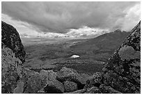 Mountain scenery in fall seen between boulders. Baxter State Park, Maine, USA ( black and white)