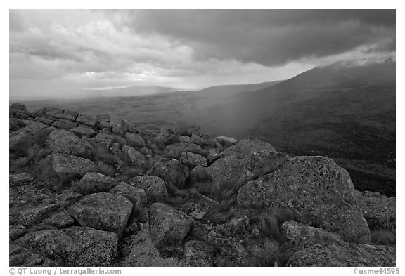 Landscape with rain from South Turner Mountain. Baxter State Park, Maine, USA (black and white)