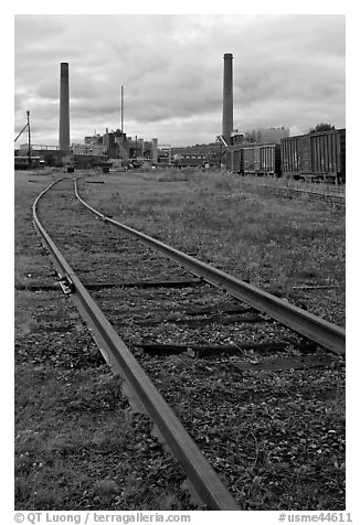 Railroad tracks and smokestacks, Millinocket. Maine, USA (black and white)