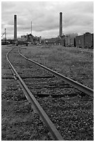 Railroad tracks and smokestacks, Millinocket. Maine, USA (black and white)