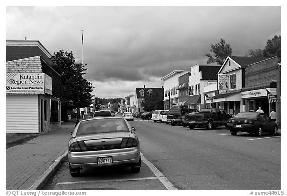 Street and stores, Millinocket. Maine, USA (black and white)