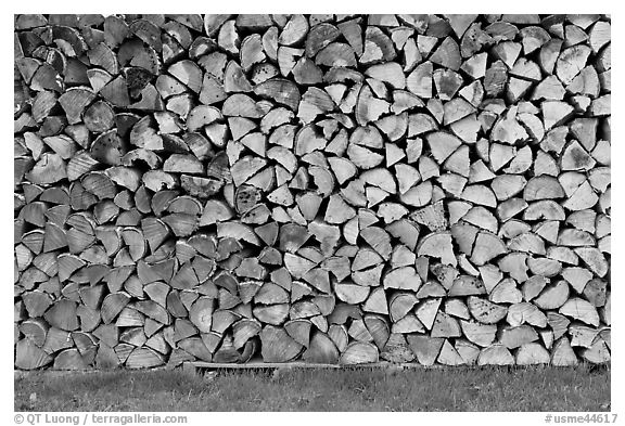 Wall of firewood, Millinocket. Maine, USA (black and white)
