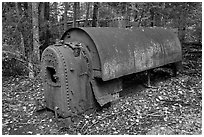 Steam engine remnant in forest. Allagash Wilderness Waterway, Maine, USA (black and white)